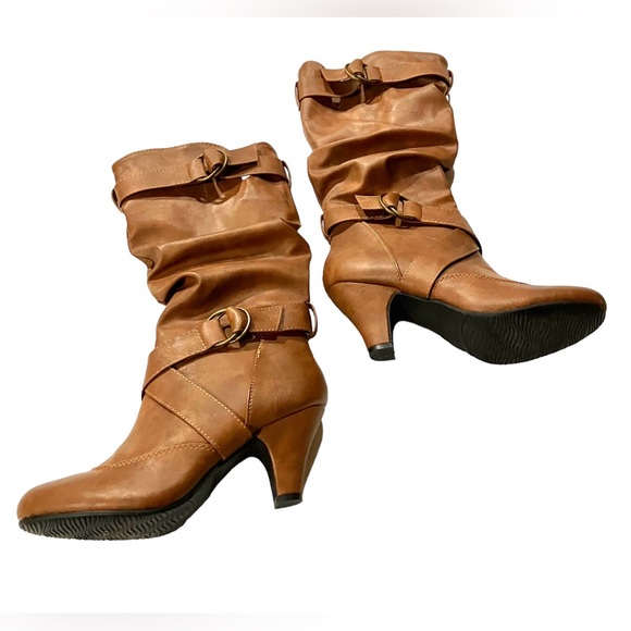 Brown Slouchy Round Toe Comfy Low Heel Mid Calf Tall Boot Shoe Zipper Size 8 - Picture 1 of 9